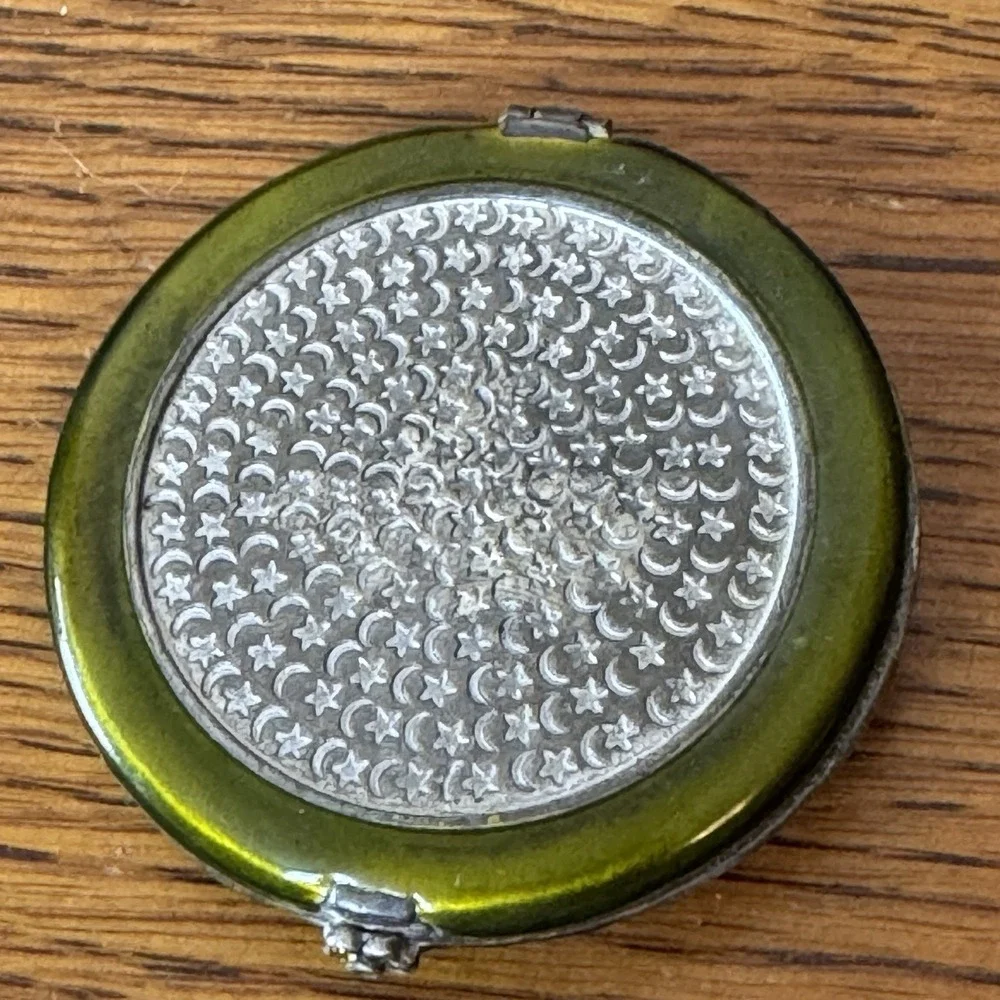 Vintage Butterfly Rhinestone Enamel Compact Mirror Green Round 3